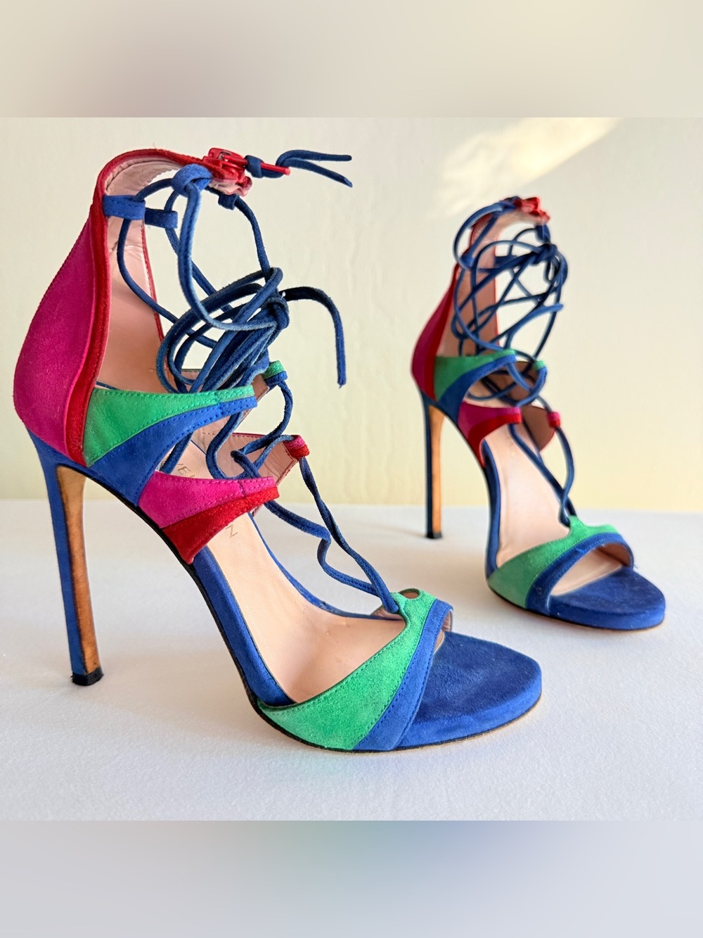 Stuart Weitzman Razzle Multicolor Suede Lace Up Stiletto Sandals Size 7